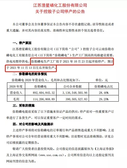 江蘇澄星磷化工發(fā)布關(guān)于控股子公司停產(chǎn) 江蘇澄星磷化工發(fā)布關(guān)于控股子公司停產(chǎn)
