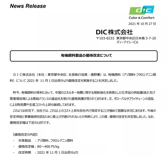 DIC顏料售價(jià)漲幅為80-400日元/kg DIC顏料售價(jià)漲幅為80-400日元/kg