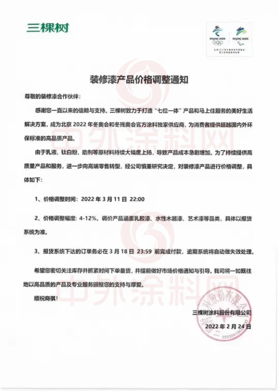 ,三棵樹涂料股份有限公司已于2022年3月11日 22:00對裝修漆產品價格進行了調整 ,三棵樹涂料股份有限公司已于2022年3月11日 22:00對裝修漆產品價格進行了調整