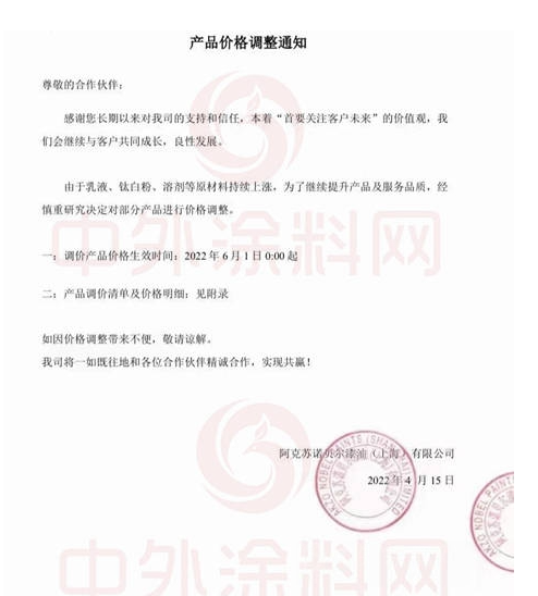 阿克蘇諾貝爾漆油(上海)有限公司發布《產品價格調整通知》