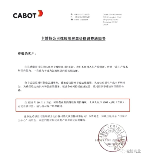 炭黑廠家也在今年內多次漲價。2022年9月20日，卡博特公司發布橡膠用炭黑價格調整通知書，漲價通知顯示，自2022年10月1日起，對所有在售的橡膠炭黑價格統一上調人民幣1500元/噸。