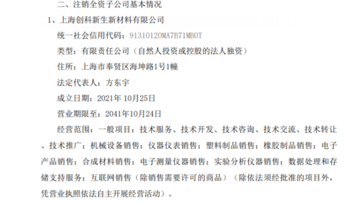 北化高科擬注銷子公司上海創科新生新材料有限公司 北化高科擬注銷子公司上海創科新生新材料有限公司