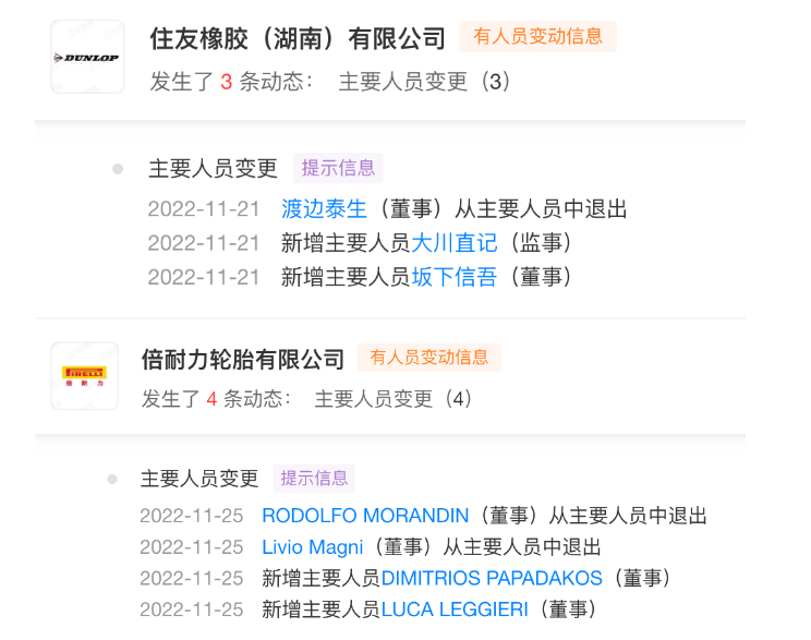 僅11月份，普利司通、住友橡膠、倍耐力、錦湖輪胎等企業在中國的公司董事、監事等均發生人員變更調整。