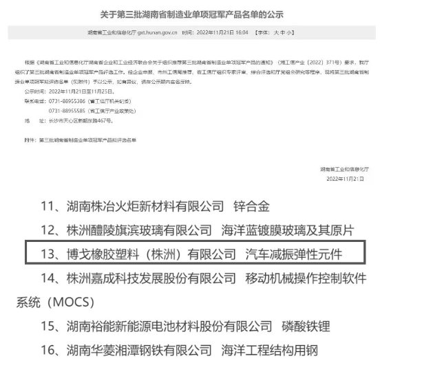 公司產品獲湖南省制造業單項冠軍！