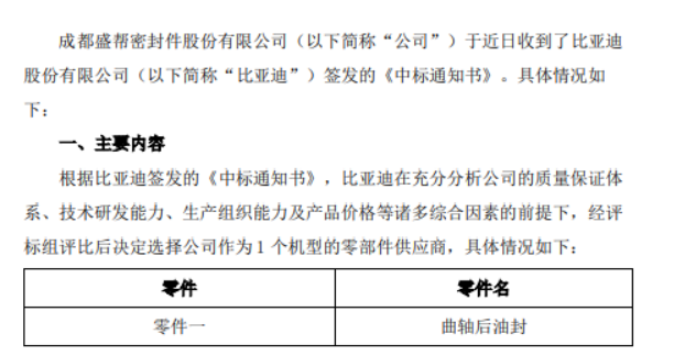 盛幫股份宣布，其子公司成都盛幫密封件股份有限公司近日收到了比亞迪股份有限公司的中標(biāo)通知書(shū)，將為比亞迪一款機(jī)型提供曲軸后油封零部件。
