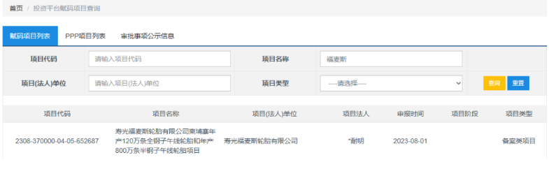 山東省投資項目在線審批監管平臺披露，壽光福麥斯輪胎有限公司“柬埔寨年產120萬條全鋼子午線輪胎和年產800萬條半鋼子午線輪胎項目”備案。