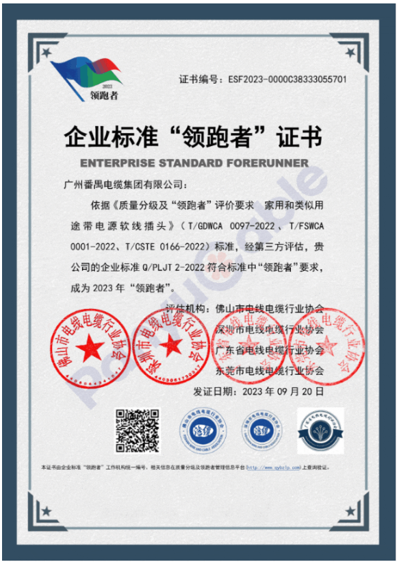 宣布了2023年首批民營(yíng)企業(yè)國(guó)家級(jí)“領(lǐng)跑者”名單。其中，番纜集團(tuán)憑借其柔性防火電纜、橡套電線電纜、家用和類似用途交流帶插頭電源軟線產(chǎn)品的卓越品質(zhì)，榮獲2023年度民營(yíng)企業(yè)標(biāo)準(zhǔn)“領(lǐng)跑者”證書，為該行業(yè)樹立了新的標(biāo)桿。