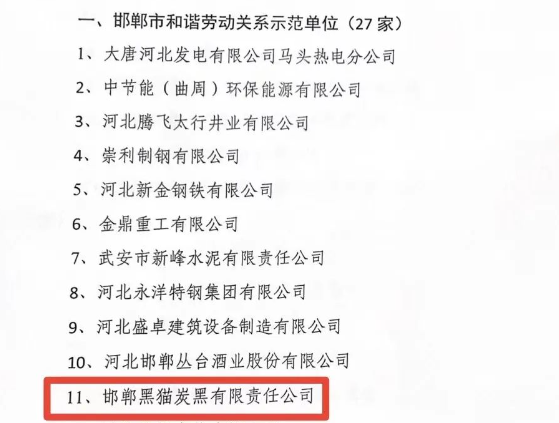 邯鄲市人力資源和社會保障局于11月15日發布了2023年邯鄲市和諧勞動關系示范單位名單，邯鄲黑貓炭黑有限責任公司榮獲“2023年市級和諧勞動關系示范單位”榮譽稱號。